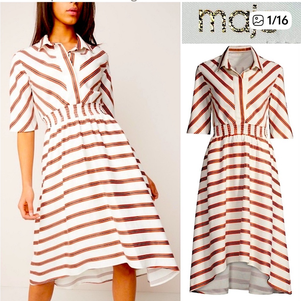 Maje Romala Stripe Asymmetric Smocked Shirtdress size 4.